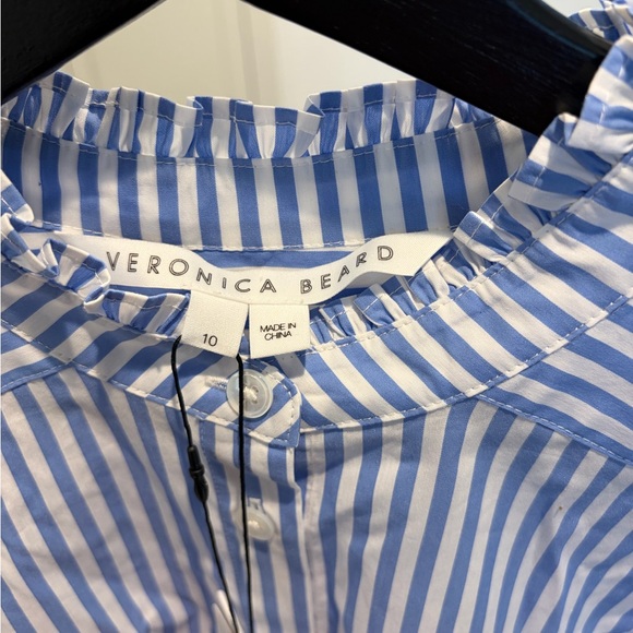 NWT Veronica Beard Blue and White Striped Ruffle-Neck Blouse - Picture 3 of 4